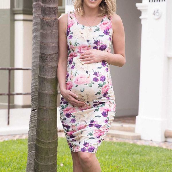 

maternity dresses women's sleeveless dress printing nightgown pregnancy gown for breastfeeding ropa premama, White