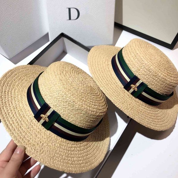 

summer lafite flat hat fashion striped bee sunshade straw hat outdoor wide brim sunscreen hat, Blue;gray