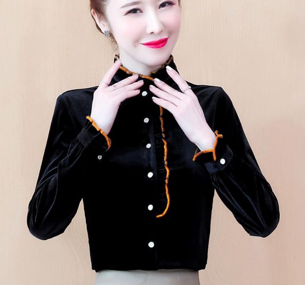 

2021 spring and autumn fashion long sleeve women's golden velvet shirt@317, White