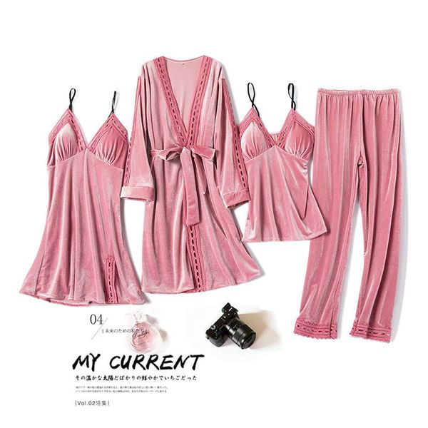 

women's sleepwear 4pcs gold velvet pajamas suit women spring autumn long-sleeved nightgown nightdress with chest pad breathable home se, Black;red