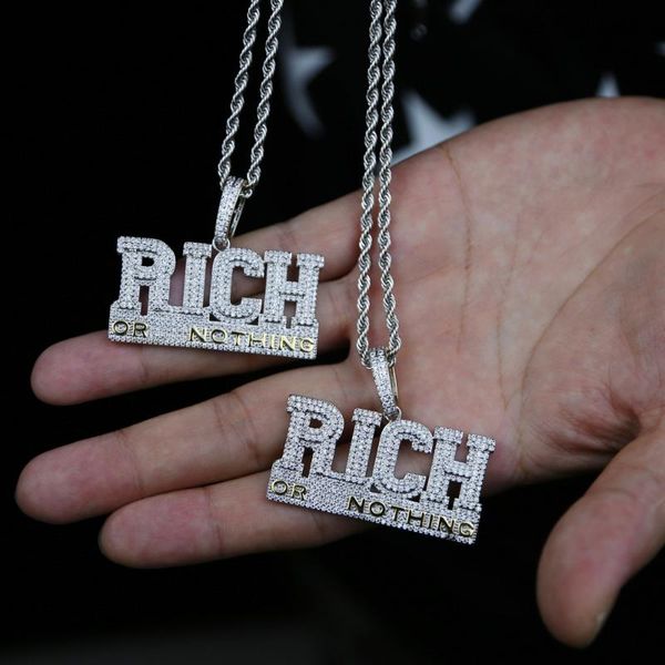 

chains wholesale bling iced out letters rich or nothing pendant necklace silver colors luxury cubic zircon paved rapper hip hop jewelry