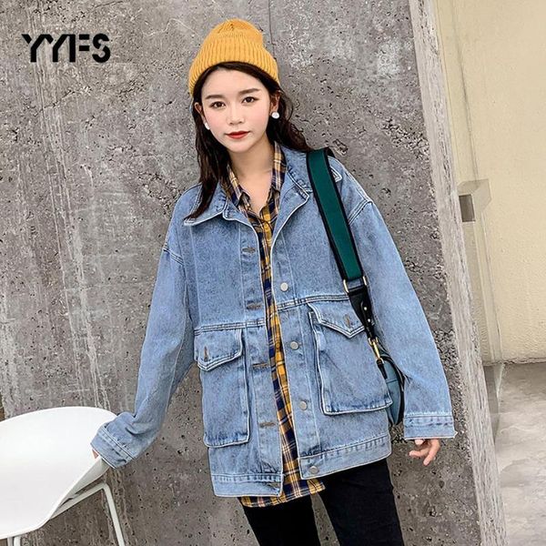 

women's jackets jean jacket for women loose casual blue big pocket solid turn-down collar denim coats female outwear jaqueta lady, Black;brown