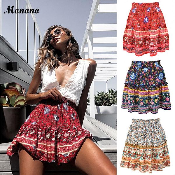 

skirts floral print skirt women 2021 summer beach ruffles boho casual high waist loose mini woman chiffon, Black