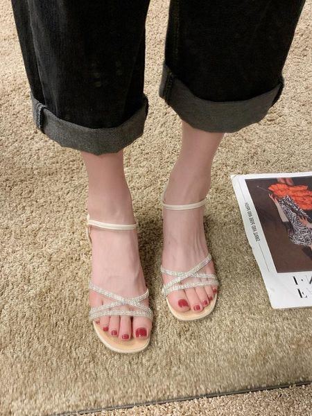 

sandals summer fashion rhinestones versatile thick heel roman shoes a6w7, Black
