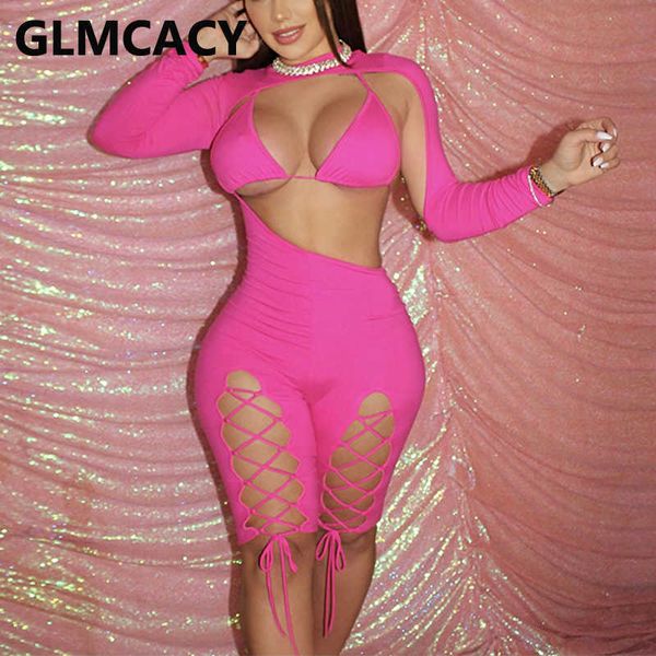 

plus size oversize two pieces sets women long sleeve lace up bodycon romper & bra 210702, White
