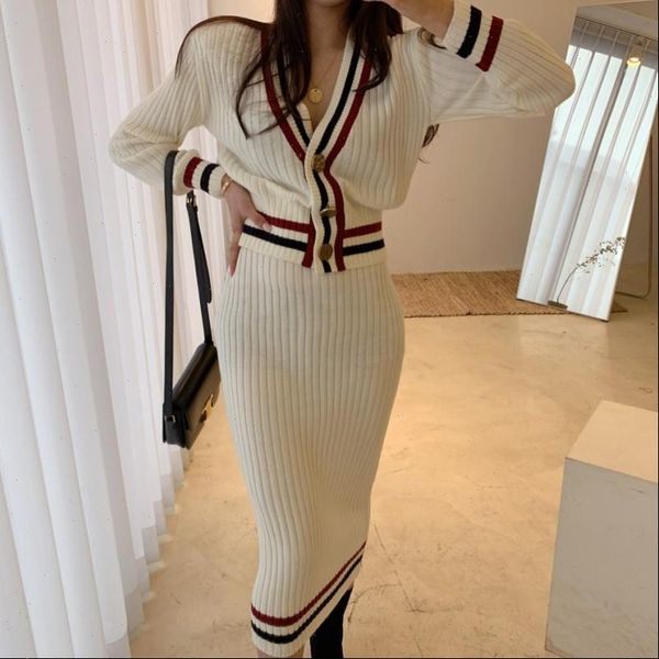 

elegant suit v neck womens dresses single breasted stripe knitted sweater coat high waist bodycon skirt autumn winter 2, White