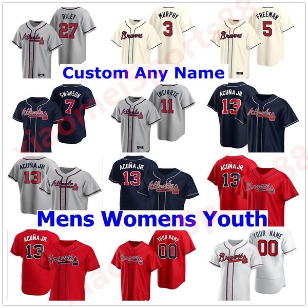 

20 21 atlanta men women kids youth baseball jerseys ronald acuna jr freddie an 7 dansby swanson deion sanders chipper jones braves, Blue;black