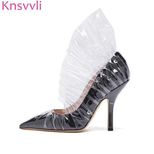 

dress shoes black satin moon pattern clear ruffles thin heels women pointed toe pleated high party ladies