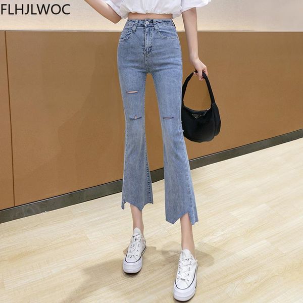 

summer women blue high-waist fashion pants slimming flared trousers ripped wide leg jeans women's
