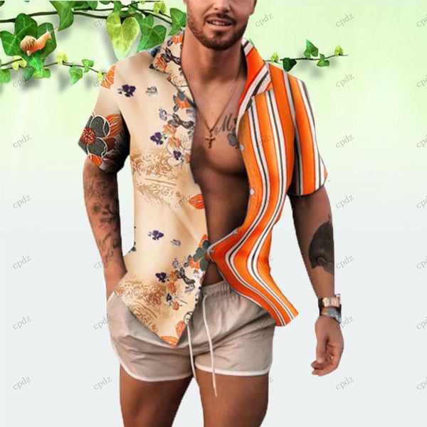 Harajuku camisas de praia para homens com designs impressão 3d verão ao ar livre solta moda carta listrada botão impresso manga curta 328V