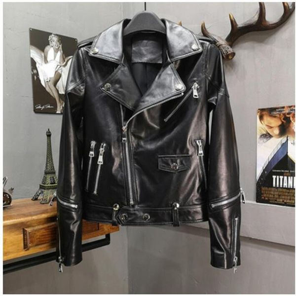

women's leather & faux genuine jacket women natural real sheepskin ladies coat autumn winter motorcycle punk casual outerwear female pl, Black