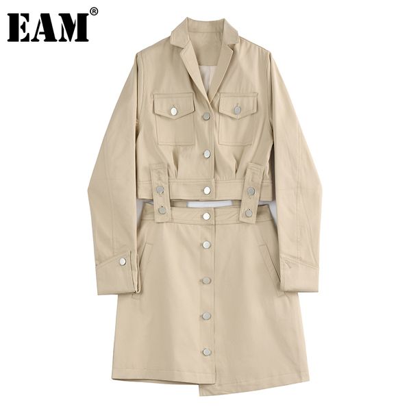 

[eam] half-body skirt pocket two pieces suit lapel long sleeve khaki loose women fashion spring summer 1dd7877 210512, White