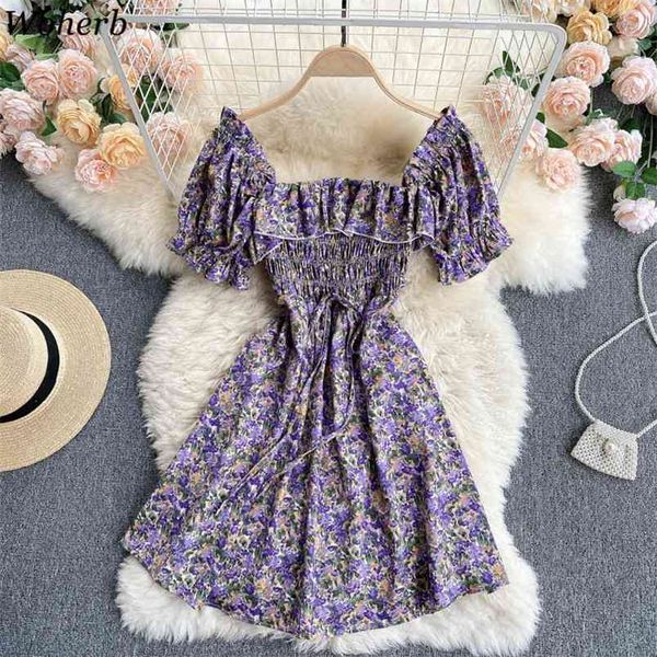 

summer dress flower print square collar elegant dresses vintage puff sleeve ruffle mini korean robe vestidos 210519, Black;gray