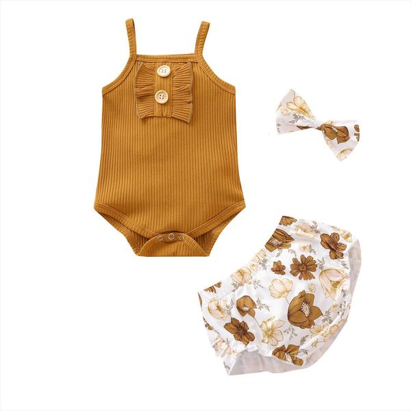 

1 4y lovely infant kids girls clothes sets 3pcs knit sleeveless ruffles bowknot romper flowers shorts headband, White