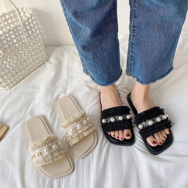 

slippers shoes woman's slides fashion string bead 2021 luxury flat soft fabric basic pu cotton women casual stri, Black