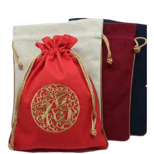 

gift wrap embroidery chinese fu extra large bag wedding party drawstring packaging linen pouch christmas birthday favor bags