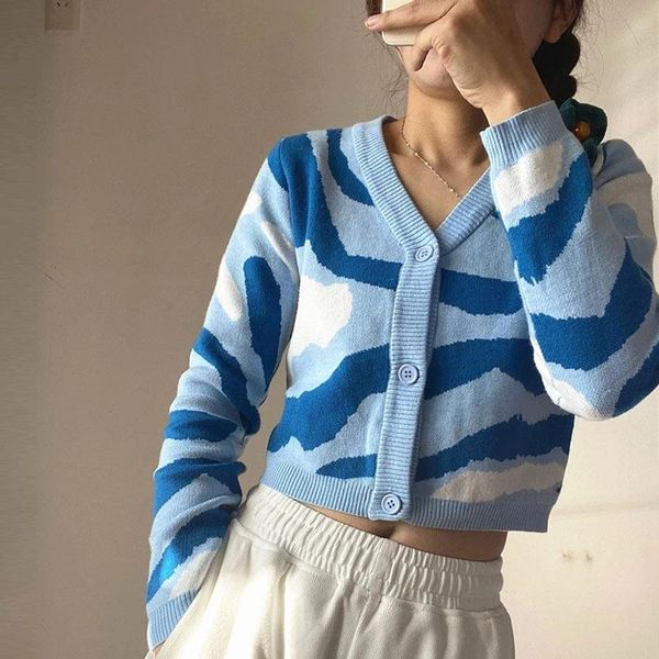 

women's knits & tees 2021 autumn knitted cardigan sweater women v-neck fashion water ripple cropped short camouflage full sleeve knit j, White