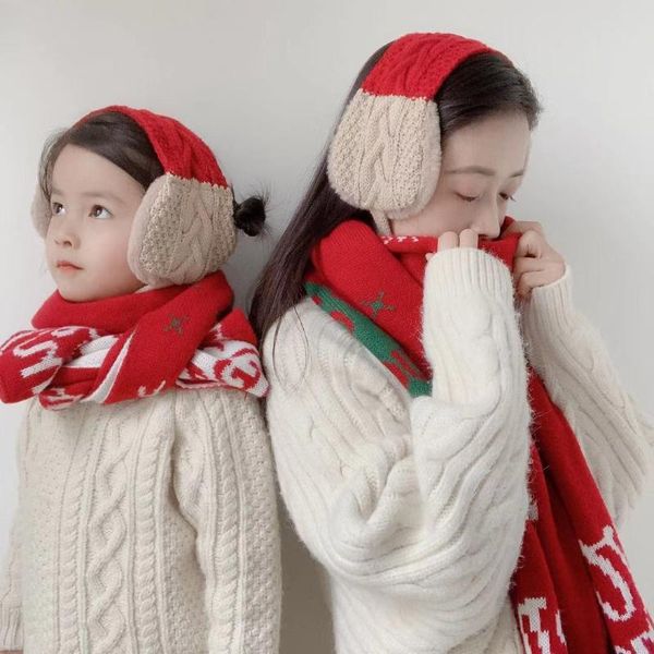 

hats, scarves & gloves sets christmas parent-child knitted scarf earmuff dual-purpose red elk thickened warm women and girl cashmere, Blue;gray