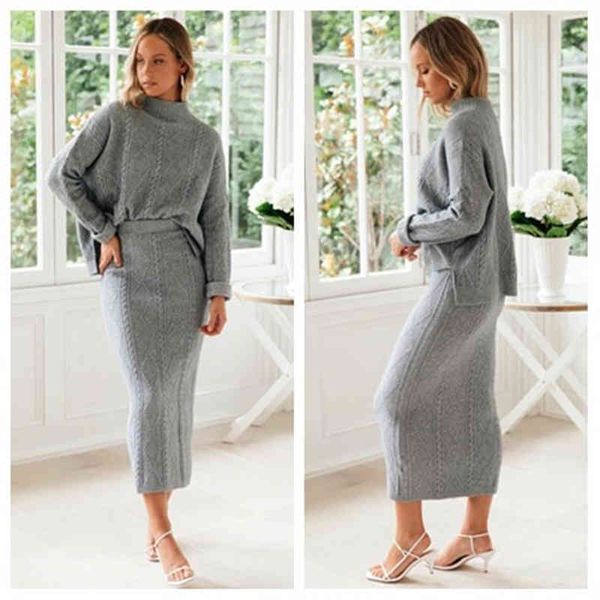 

autumn winter elegant fashion 2 piece set gray sweater two piece set women sweater long skirt turtleneck kintted clothes 210413, White