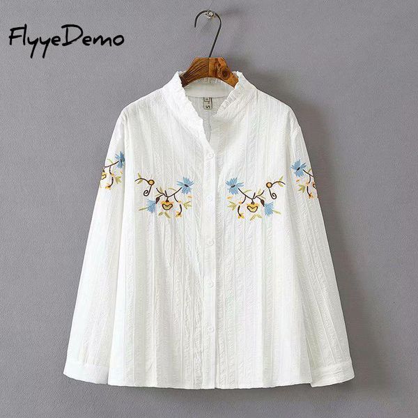 

women's blouses & shirts 2021 women vintage embroidered blouse spring long sleeve white female button down blusas party tunic plus