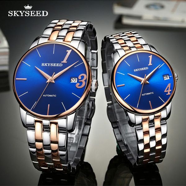 

tiandai watch couple 1314 digital simple wind blue gradient surface dial steel band female 32mm couples automatic mechanical watch, Slivery;brown