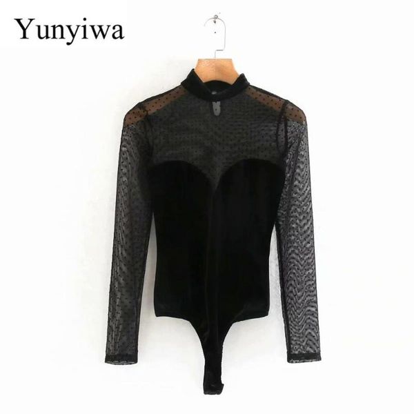 

women's jumpsuits & rompers women small dots mesh patchwork velvet bodysuits shirt chic perspective siamese blouses retro playsuits blu, Black;white