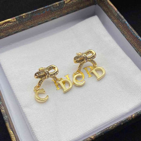 

d home / di bow full diamond cd letter earrings female fashion 925 sier needle accessories, Golden