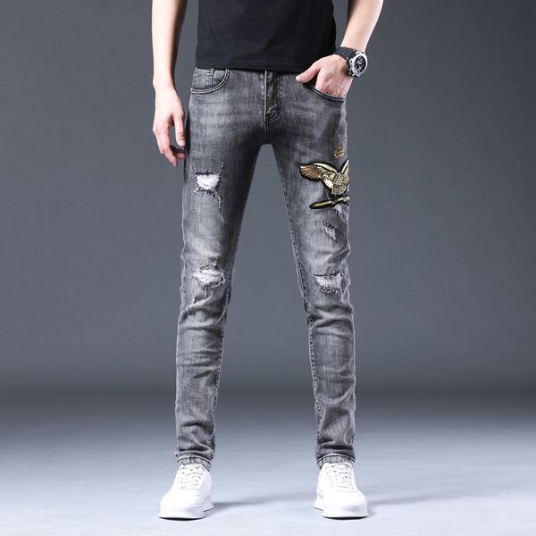 

fashion jeans summer wear grey embroidered pierced for men, Blue