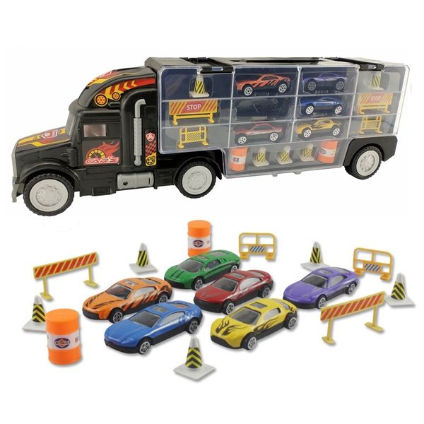 

Toy Truck Transport Car Carrier Toy Truck Includes 6 Toy Cars & Accessories Trucks Fits 28 Car Slots Great gift for kids