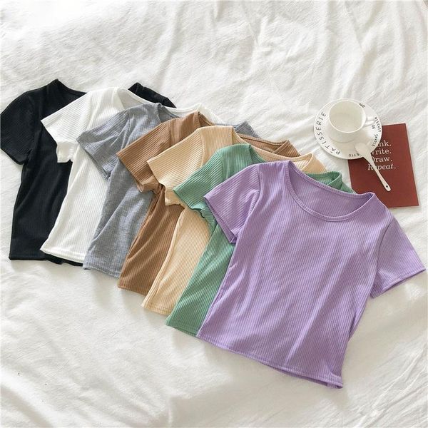 

women's t-shirt women summer purple knitted t-shirts korean chic skinny o neck short sleeve screw thread cropped slim tees femme, White