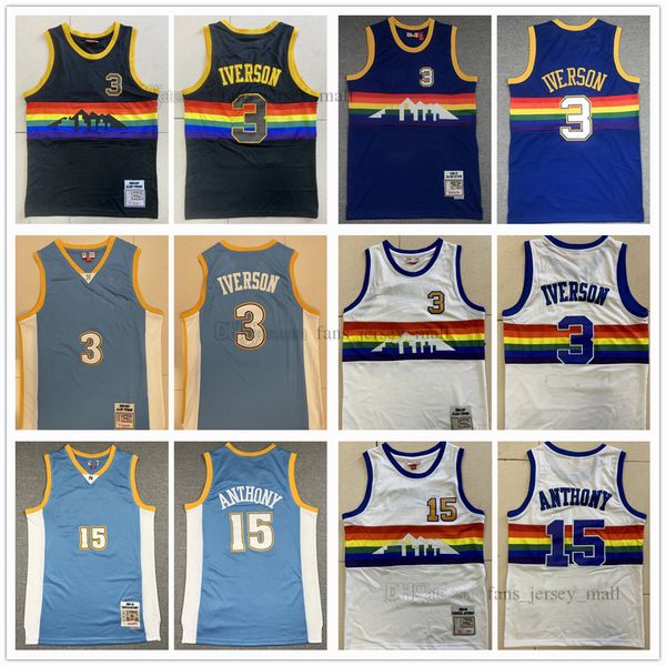 

retro basketball jersey carmelo 15 anthony jerseys allen 3 iverson colour white blue black stitched mitchell&ness 2006-2007, Black;red