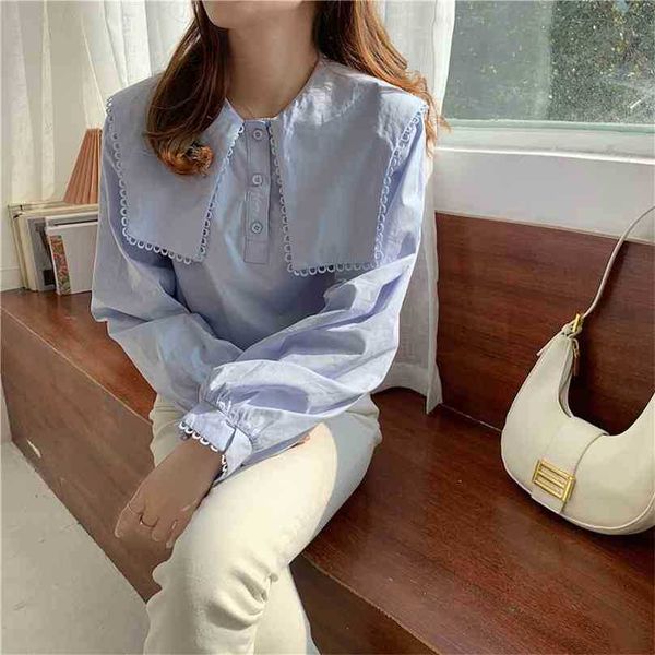 Camicie chic da donna Solid Sweet Retro French Gentle maniche lunghe Colletto alla marinara Camicetta elegante Top femminili 210525