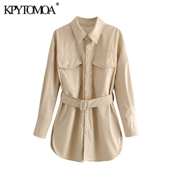 

women fashion pu faux leather with belt jacket coat long sleeve side vents female outerwear chic 210420, Black