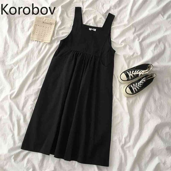 

korobov vintage women spaghrtti strap dress new arrival a-line solid elegant dresses fashion sleeve high waist vestidos 210430, Black;gray
