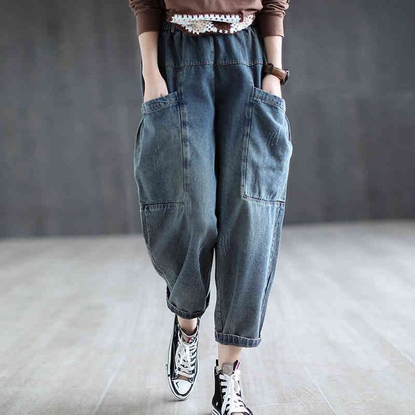 

johnature women casual denim pants pockets vintage trouser spring harem pants for women clothing jeans 210521, Blue