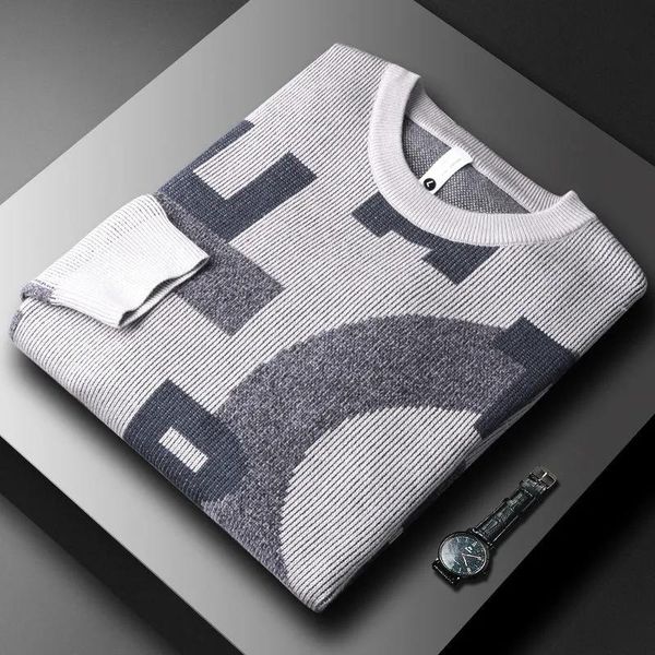 

men's sweaters autumn and winter thick warm personalized jacquard crew neck sweater slim fashion printed pullover, White;black