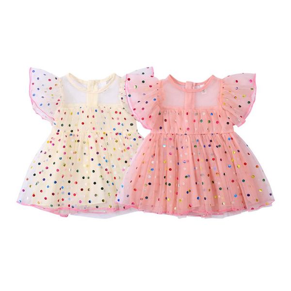 

girl's dresses 1-3years summer baby short-sleeved mesh dress with colorful polka dot pattern printing, ruffle decoration clothing for p, Red;yellow