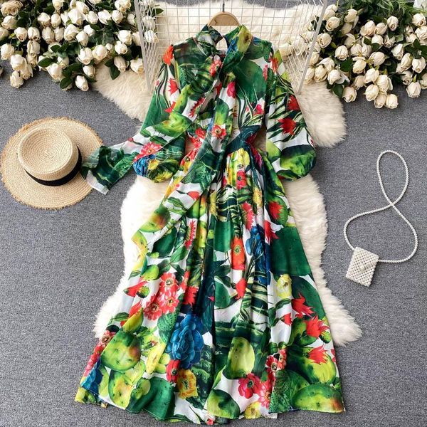 

casual dresses high waist autumn women 2021 vintage luxury printing boho party long sleeve a-line dress spring runway retro elegant, Black;gray