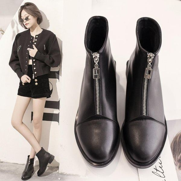 

boots women's short 2021 thick-heeled flat british style tube korean version of the wild, Black