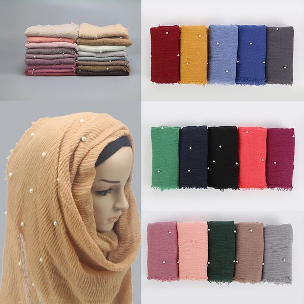 

women bubble pearl cotton solid muslim head scarf shawls and wraps pashmina bandana female foulard crinkle hijab stores, Blue;gray