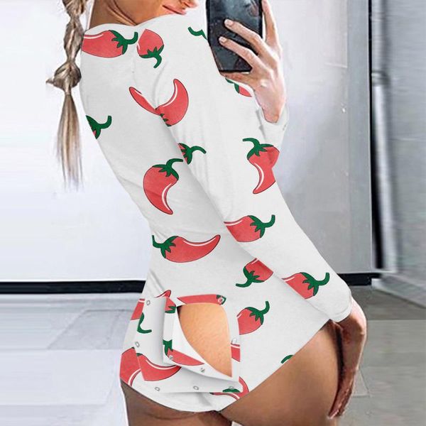 

women's jumpsuits & rompers women chili print cutout bodysuits functional buttoned flap adults pajamas club button design plunge lounge, Black;white