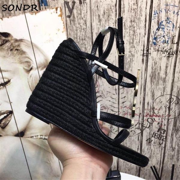 

sandals fashion women leather ankle strap wedges luxury summer metal high heels gladiator party shoes woman, Black