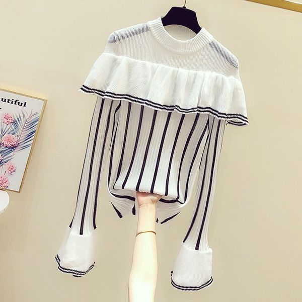 

black/white striped sweater for women horn long-sleeved hollow ruffles sweaters 2021 autumn round neck knitted women's, White;black