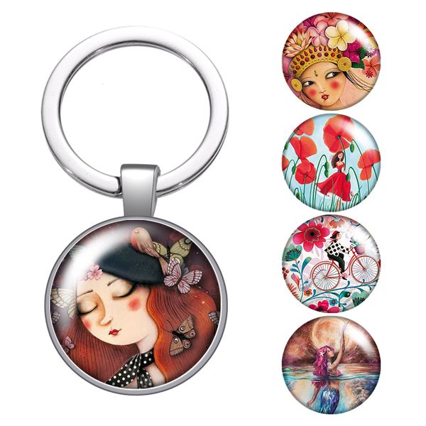 

beauty painting girls flowers glass cabochon keychain bag car key rings holder charms silver plated key chains women gifts