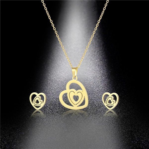 

stainless steel hollow open joined double two love hearts connect pendant chain necklace sets choker for women couple jewelry necklaces, Silver