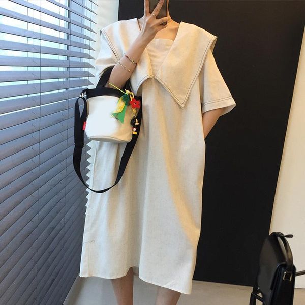 

casual dresses [ewq] 2021 summer fashion elegant simple navy collar hit color bright line decoration puff sleeve dress women 16f1096, Black;gray