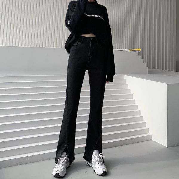 

women's jeans high waisted black grey straight tube micro split floor pants loose and thin wide leg flared, Blue