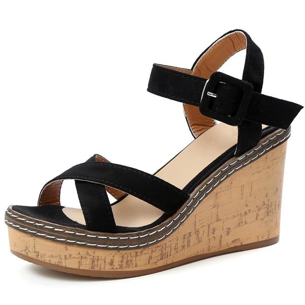 

dress shoes 2021 summer buckle women's sandals velvet flock fish mouth fashion high heel platform open toes women 35-40, Black