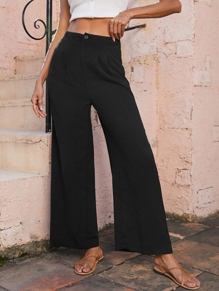 

high waist plicated detail wide leg pants v4dv#, Black;white