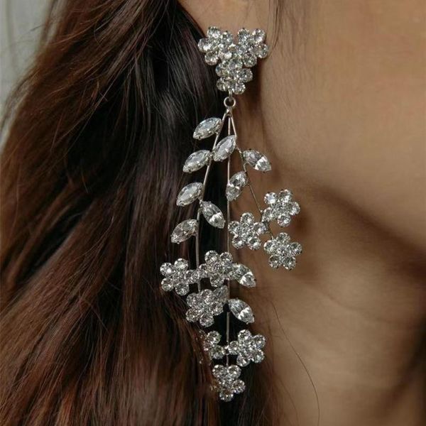 

dangle & chandelier luxury bridal earrings flower shape zircon long drop for women shiny crystal cz stone wedding jewelry, Silver